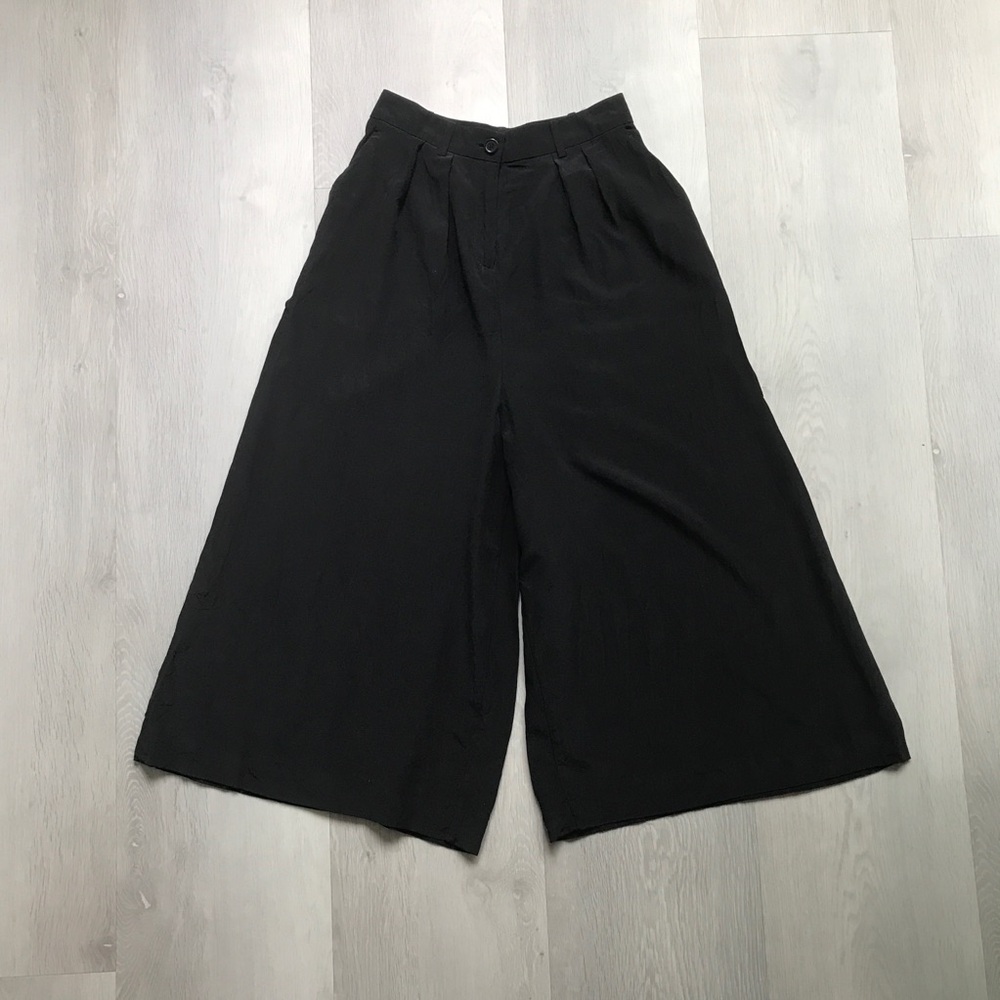 H&M BLACK WIDE LEG 100% SILK PANT PLEATED FRONT HIGH RISE GAUCHO WOMENS 2